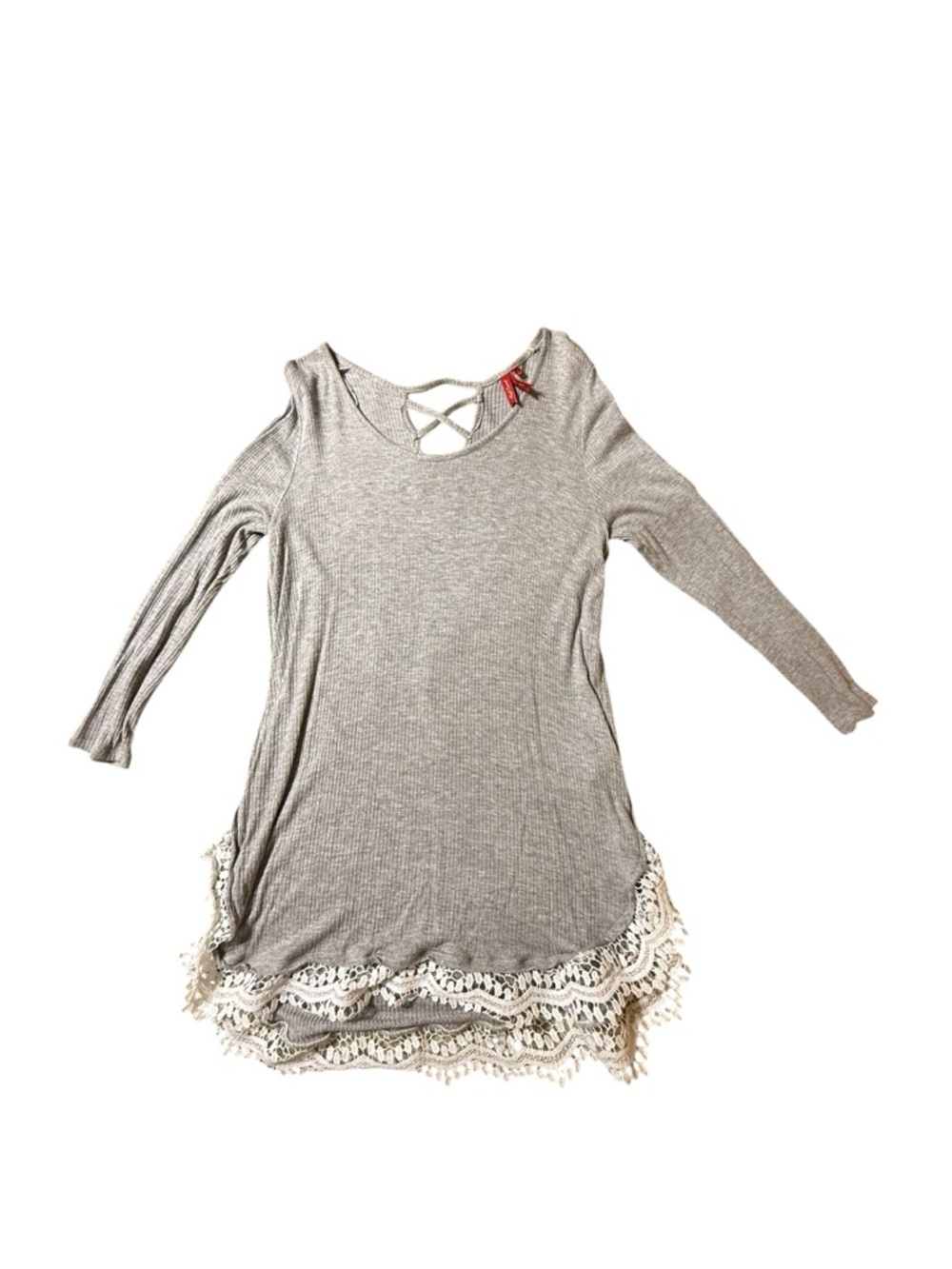 Red Camel Top Womens Large Gray Sweater Knit Long Sleeve V-neck Lace Hem